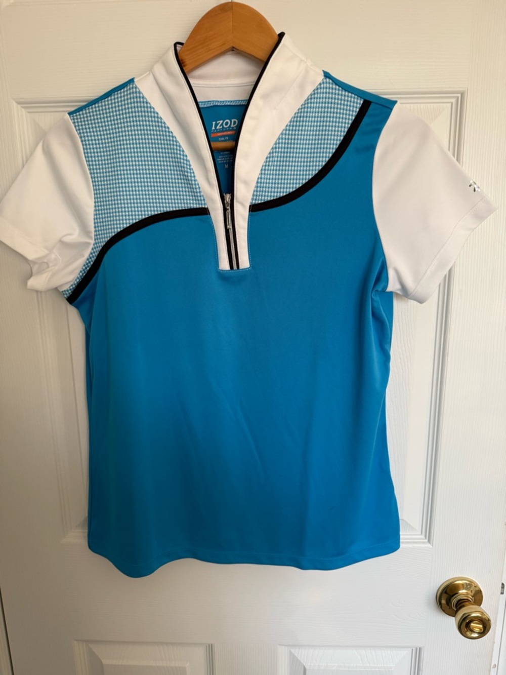 Izod Blue and White Short-Sleeve Zip Performance Polo